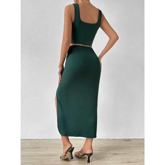 two piece set: Tank Top & Twist Front Split Thigh midi Skirt black - Picture 6 of 11